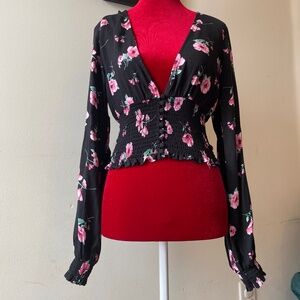 Floral deep V neck long sleeve